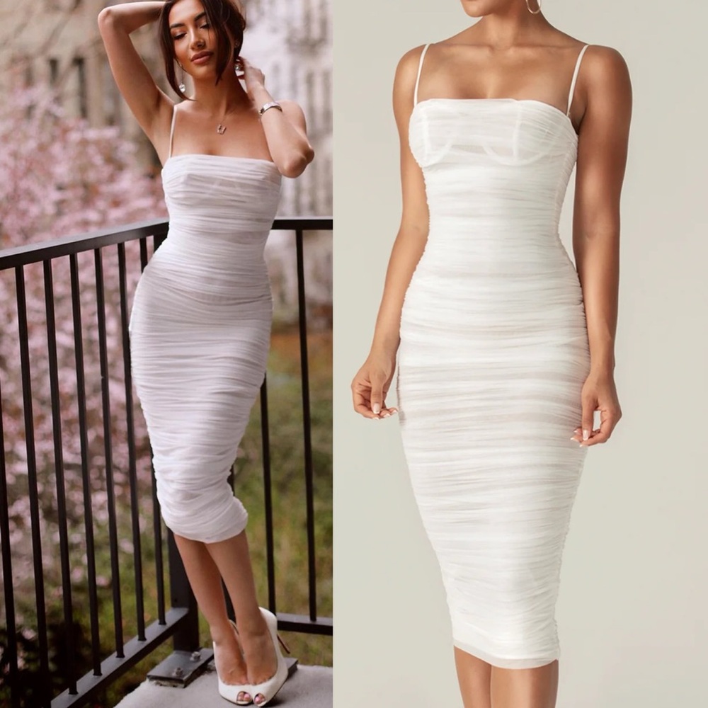 Alieva Justina Ruched Organza Mesh Midi Dress Off White NEW Medium